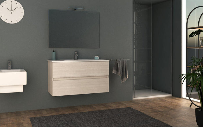 Mobile Bagno Sospeso 100 cm Lavabo e Specchio Tavassi Giove Rovere Bianco