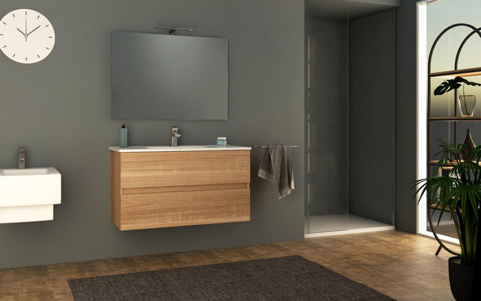 Mobile Bagno Sospeso 100 cm Lavabo e Specchio Tavassi Giove Rovere Chiaro