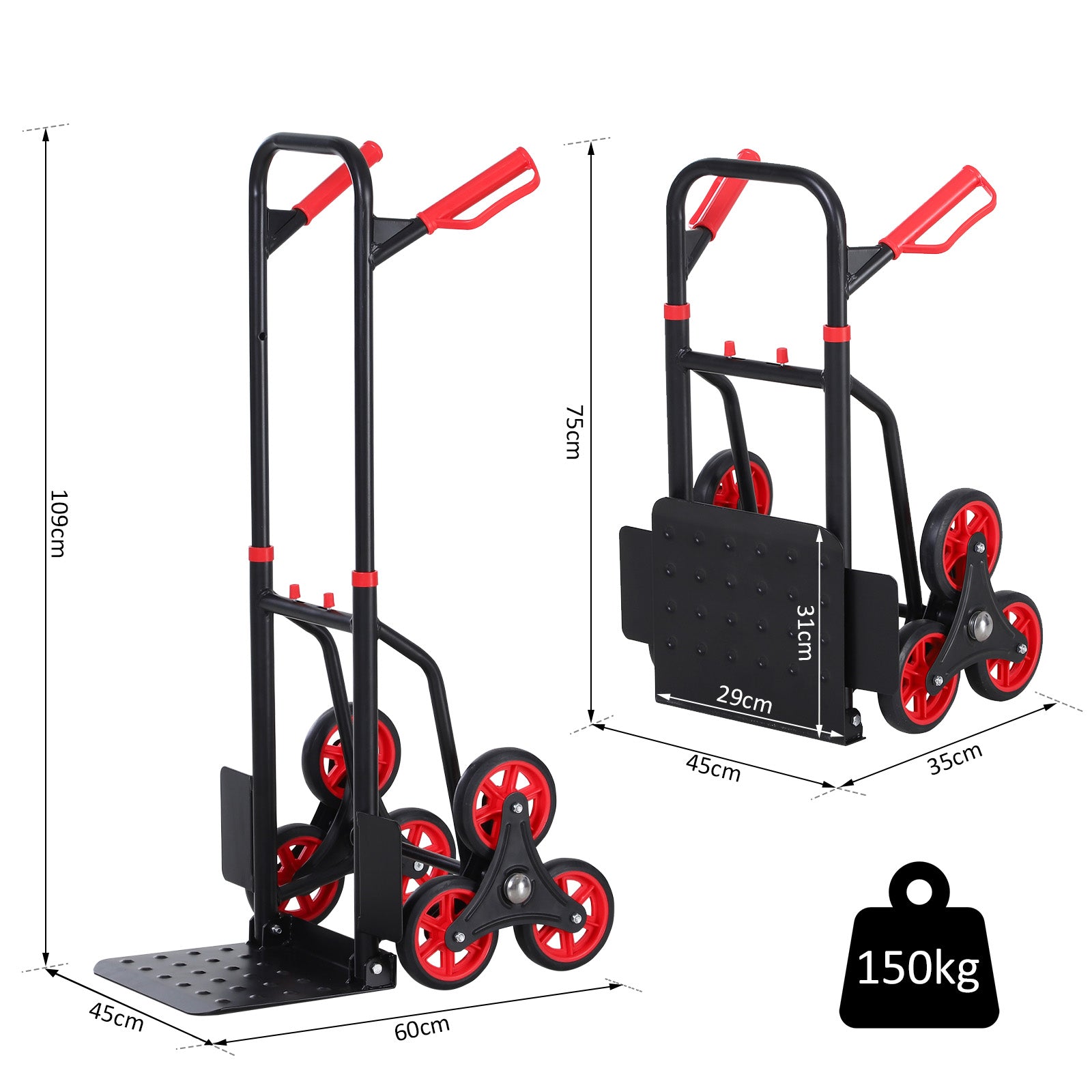 Carrello Portapacchi Pieghevole per Scale 150 Kg in Metallo  Nero e Rosso