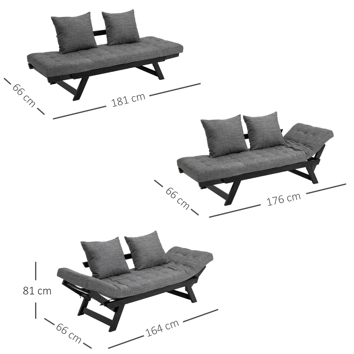 Divano Letto Chaise Longue 3 Posizioni 164x66x81 cm in Legno e Tessuto Lino  Antracite