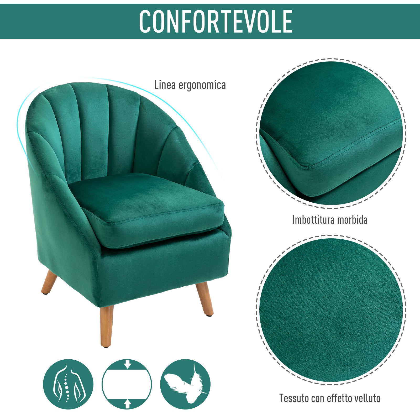 Poltrona in Velluto con Gambe in Legno  Verde