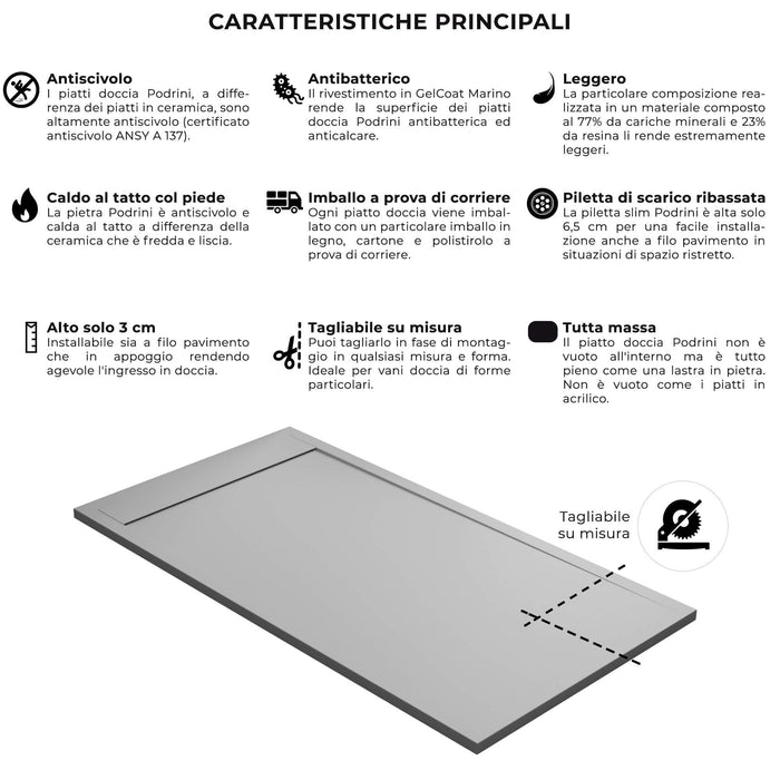 Piatto Doccia 80x160 cm in Pietra Bonussi Kamet Grigio Chiaro