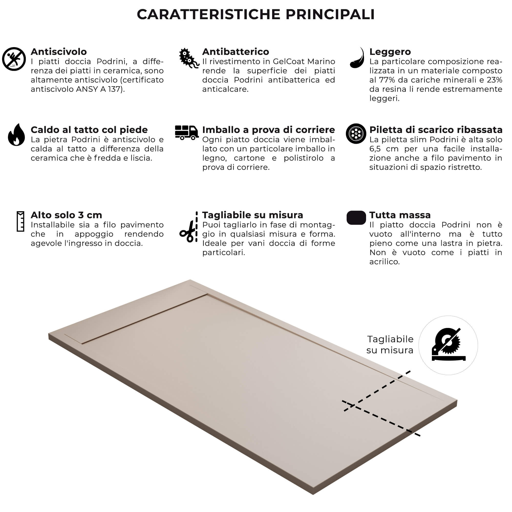 Piatto Doccia 70x170 cm in Pietra Bonussi Kamet Sabbia