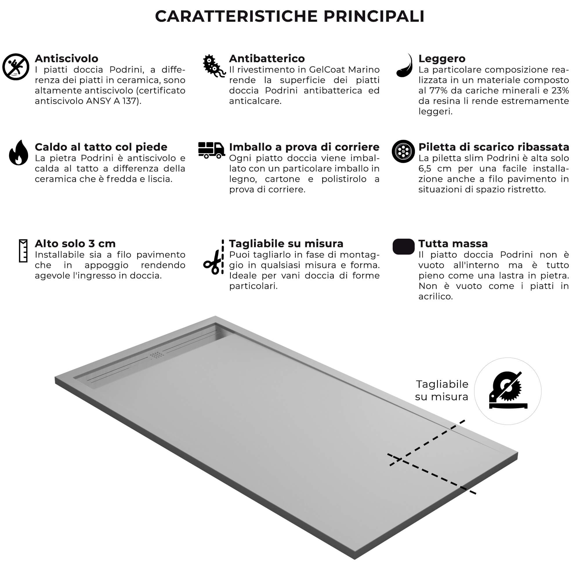 Piatto Doccia 70x190 cm in Pietra Bonussi Trivor Grigio Chiaro