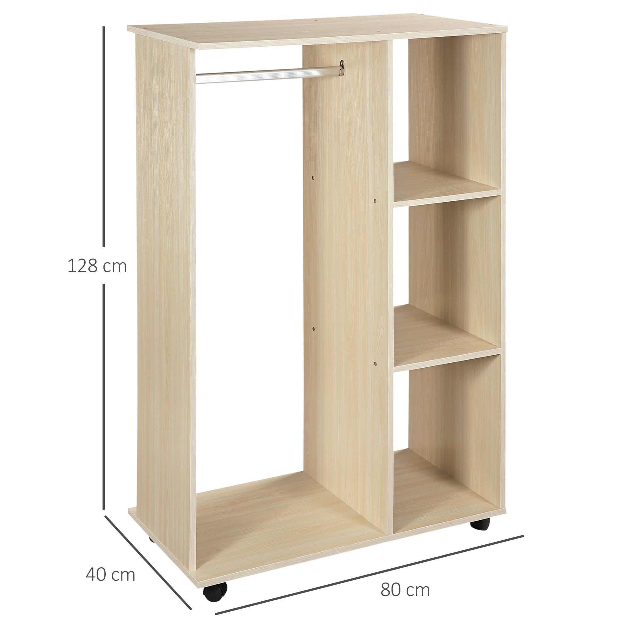 Mobile Appendiabiti 3 Ripiani 80x40x128 cm con Ruote  Colore Legno