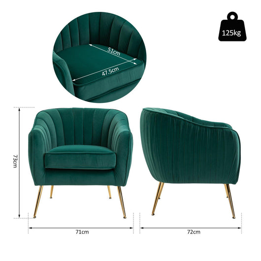 Poltona Imbottita in Velluto 71x72x73 cm Gambe in Metallo  Verde