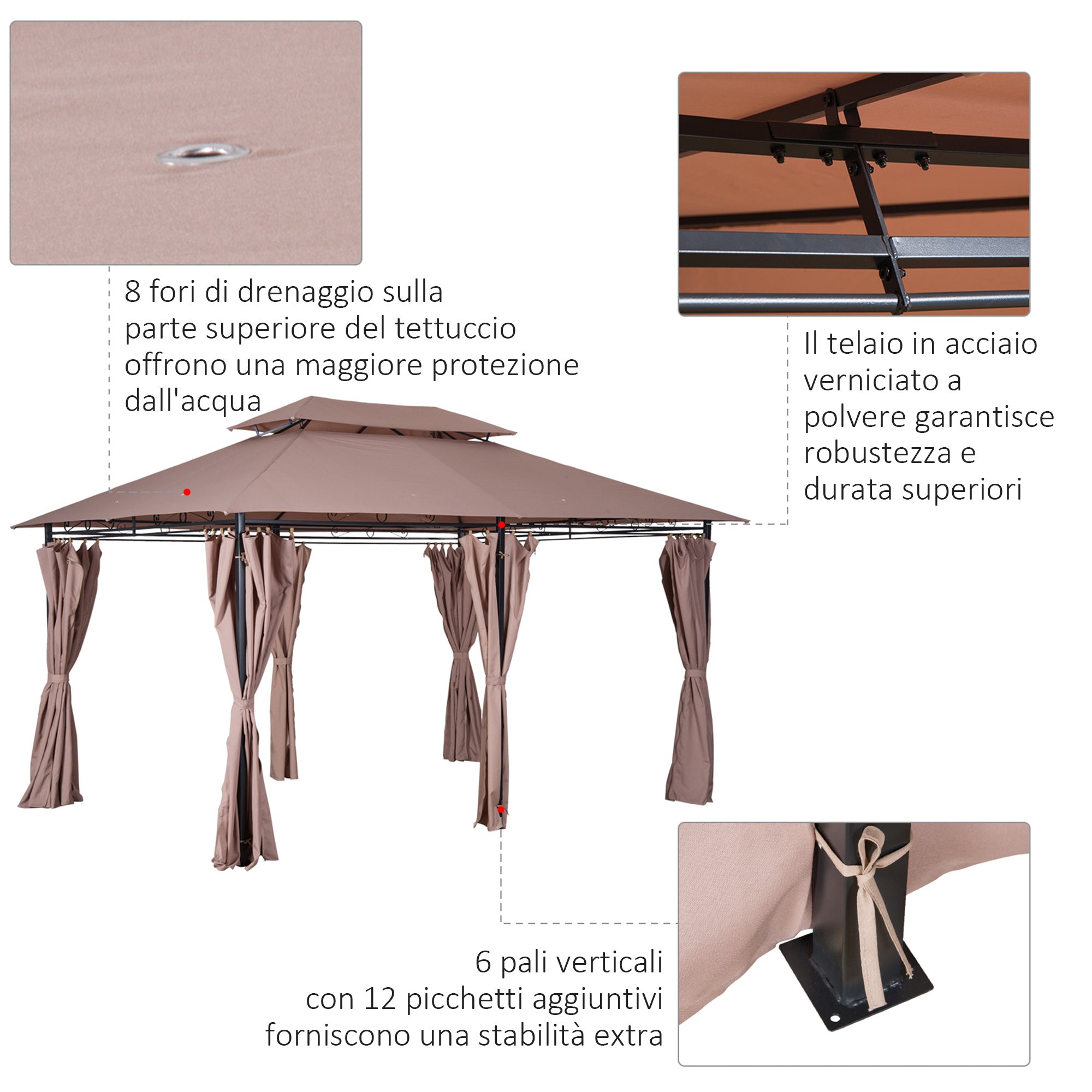 Gazebo da Giardino 4x3m in Acciaio Doppio Tetto  Cachi