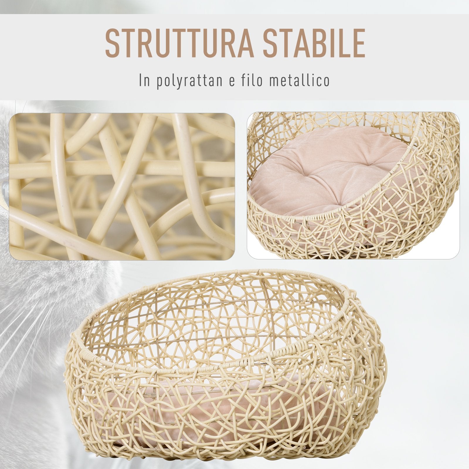 Cuccia in PVC Effetto Rattan per Gatti Ø56x35 cm con Cuscino  Beige