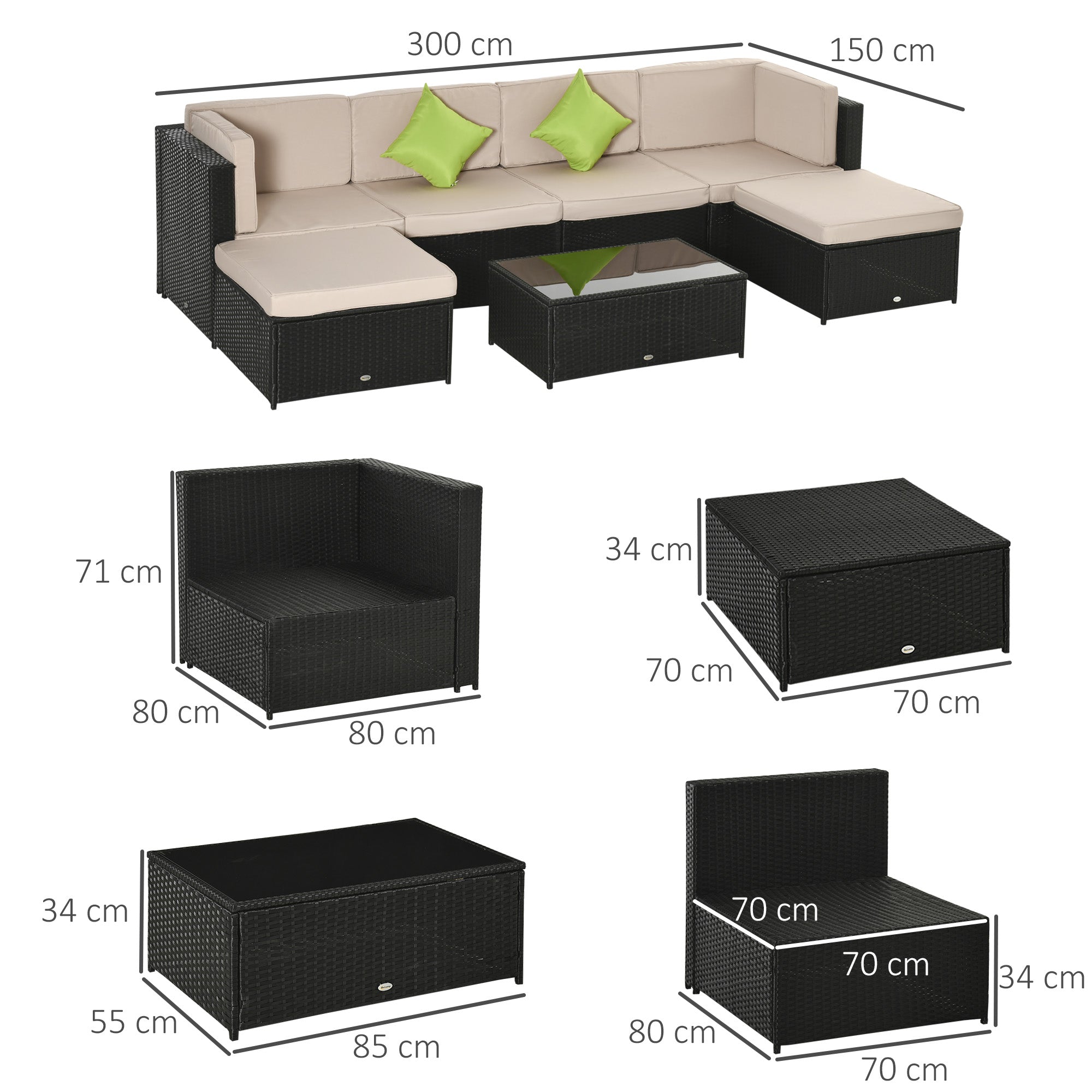 Set Salotto da Giardino in Polyrattan Divano 2 Poltrone  Virginia Nero e Beige