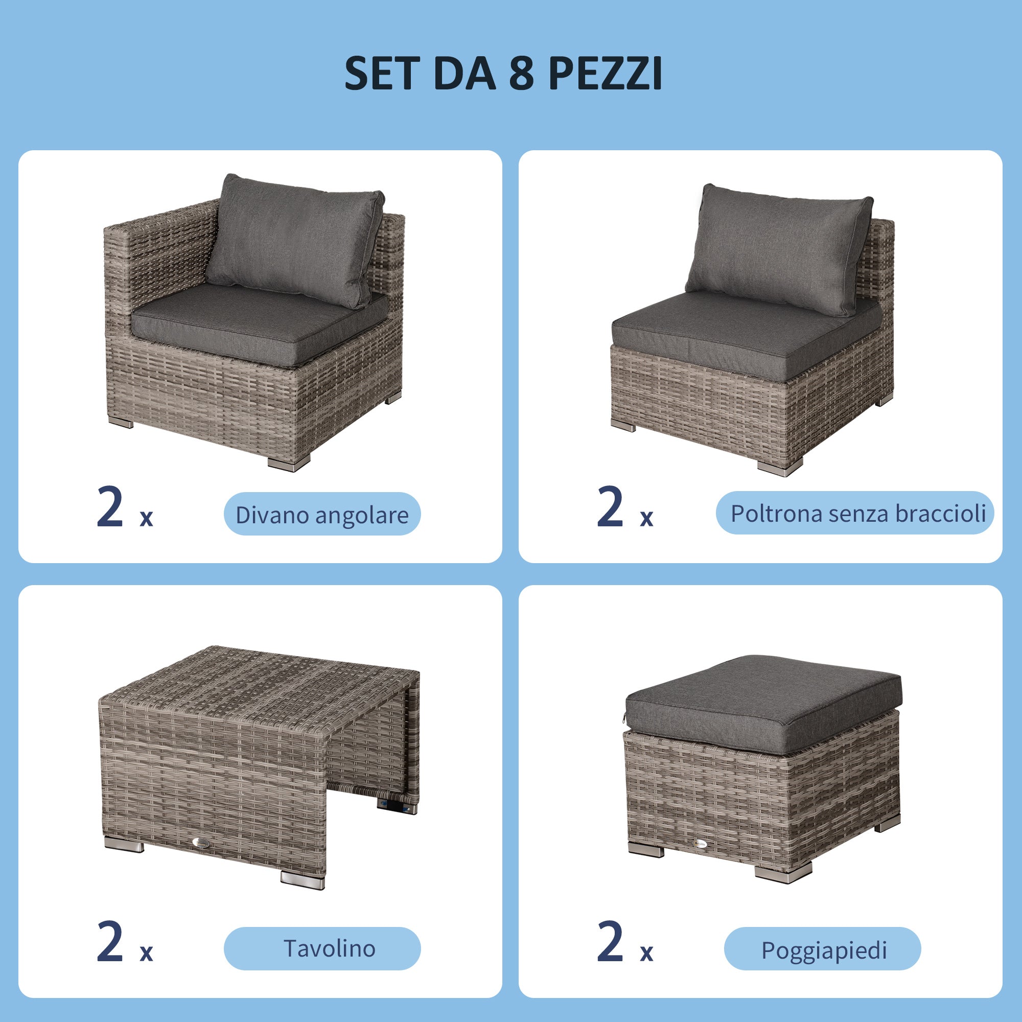 Set Salotto da Giardino in Polyrattan Divano 2 Poltrone  Kore Grey Grigio