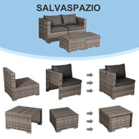 Set Salotto da Giardino in Polyrattan Divano 2 Poltrone  Kore Grey Grigio