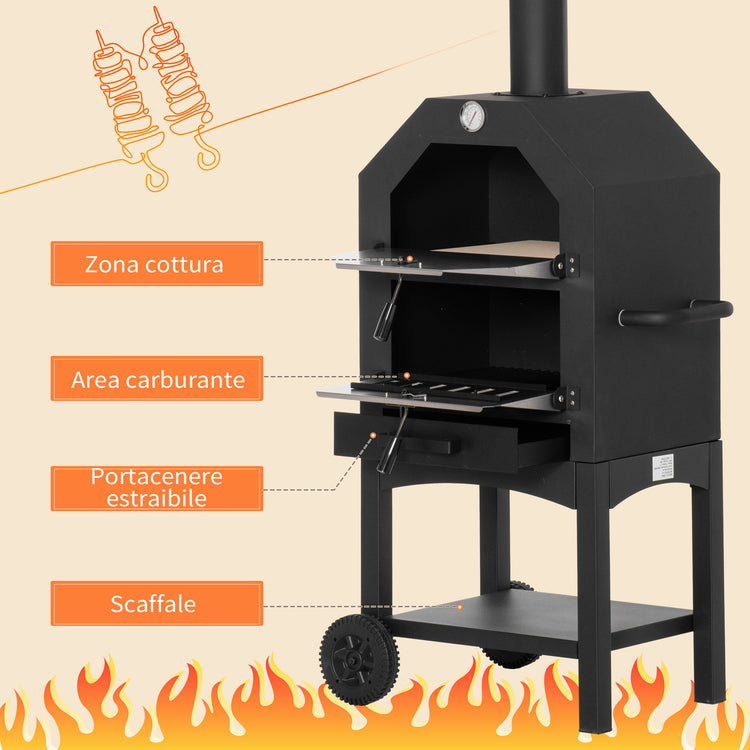 Forno per Pizza a Carbone Carbonella in Acciaio 50x36x160 cm  Napoli Nero