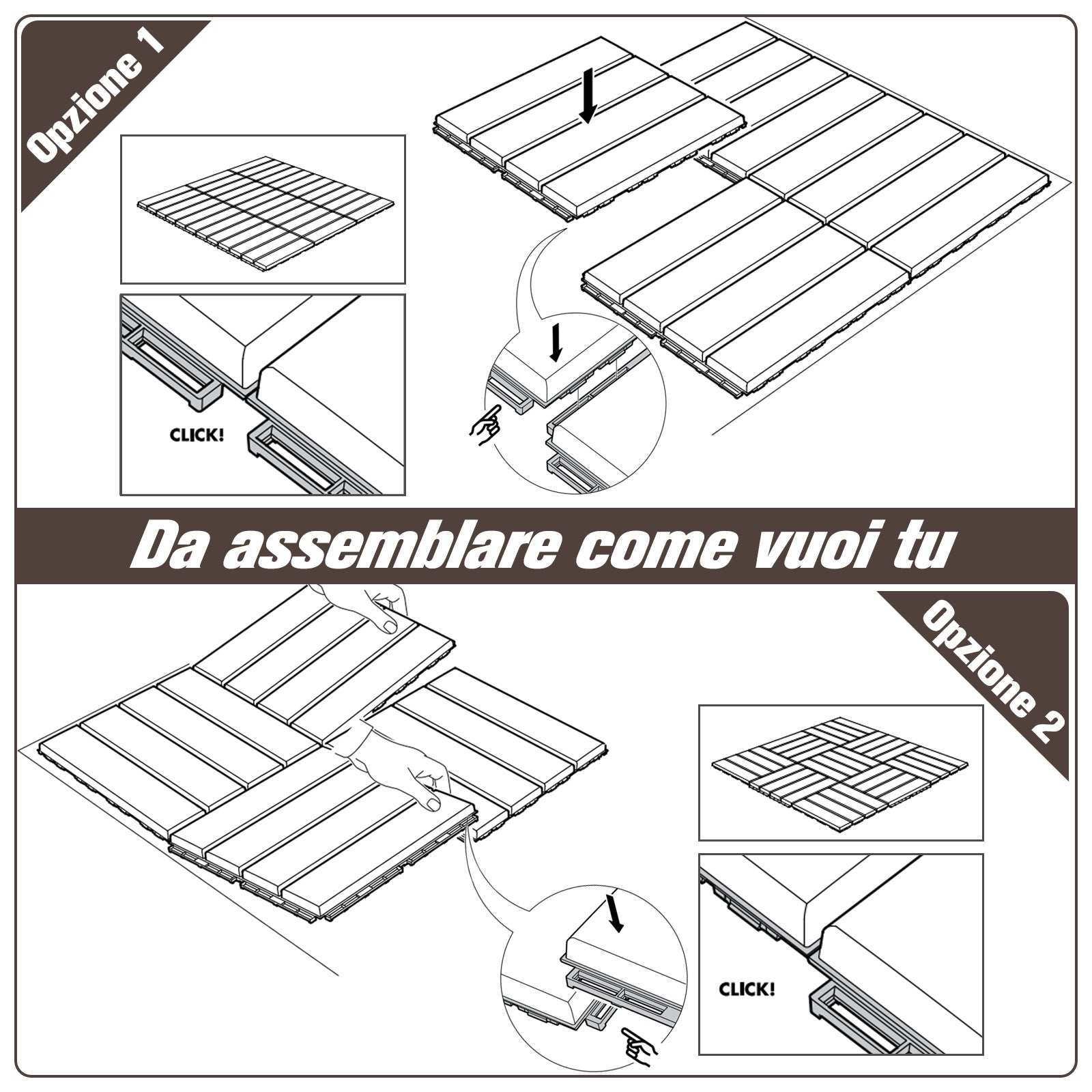 Set 9 Mattonelle a Incasto Effetto Legno 30x30x2 cm  Deck Marrone