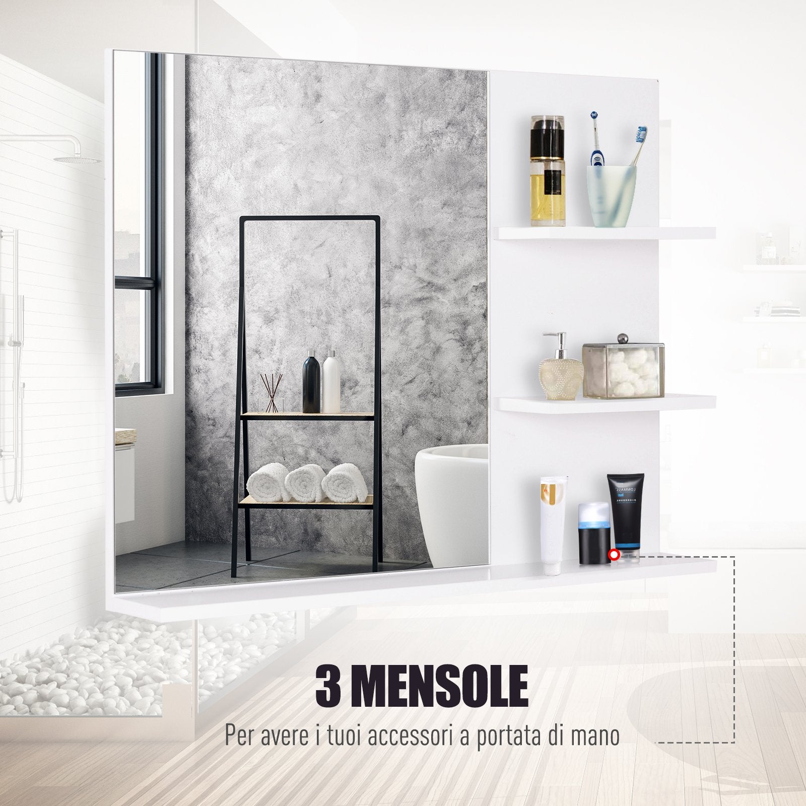 Pensile Bagno con Specchio e 3 Ripiani 60x10x48 cm MDF  Elisa Bianco