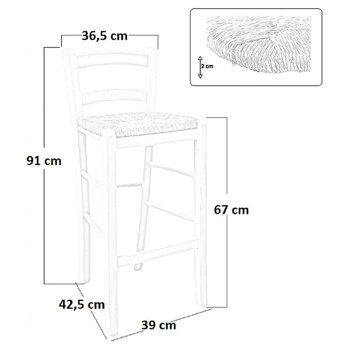 Sgabello da bar in legno bianco con seduta in paglia h 67 cm