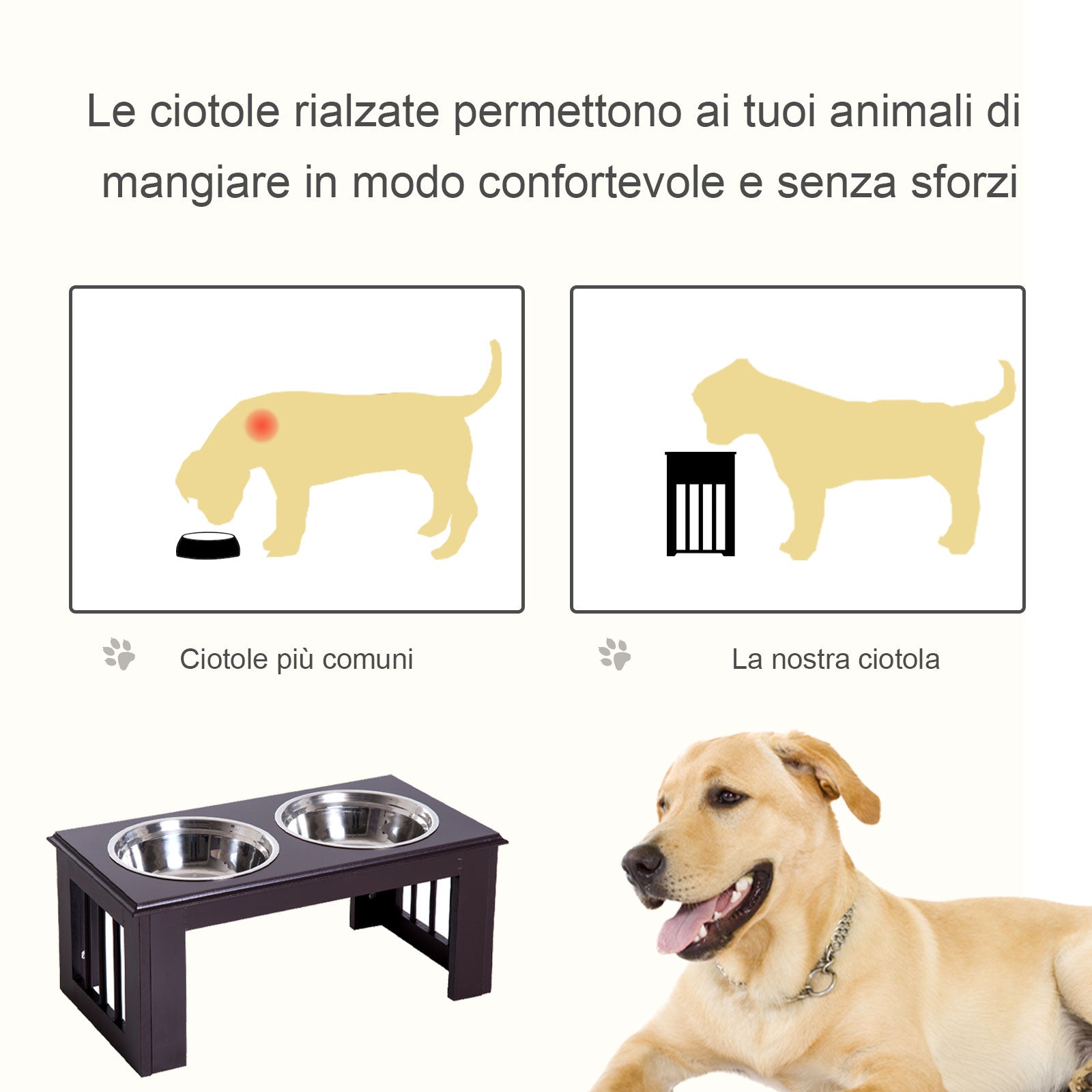 Ciotola Rialzata per Cani in Legno e Acciaio  Marrone