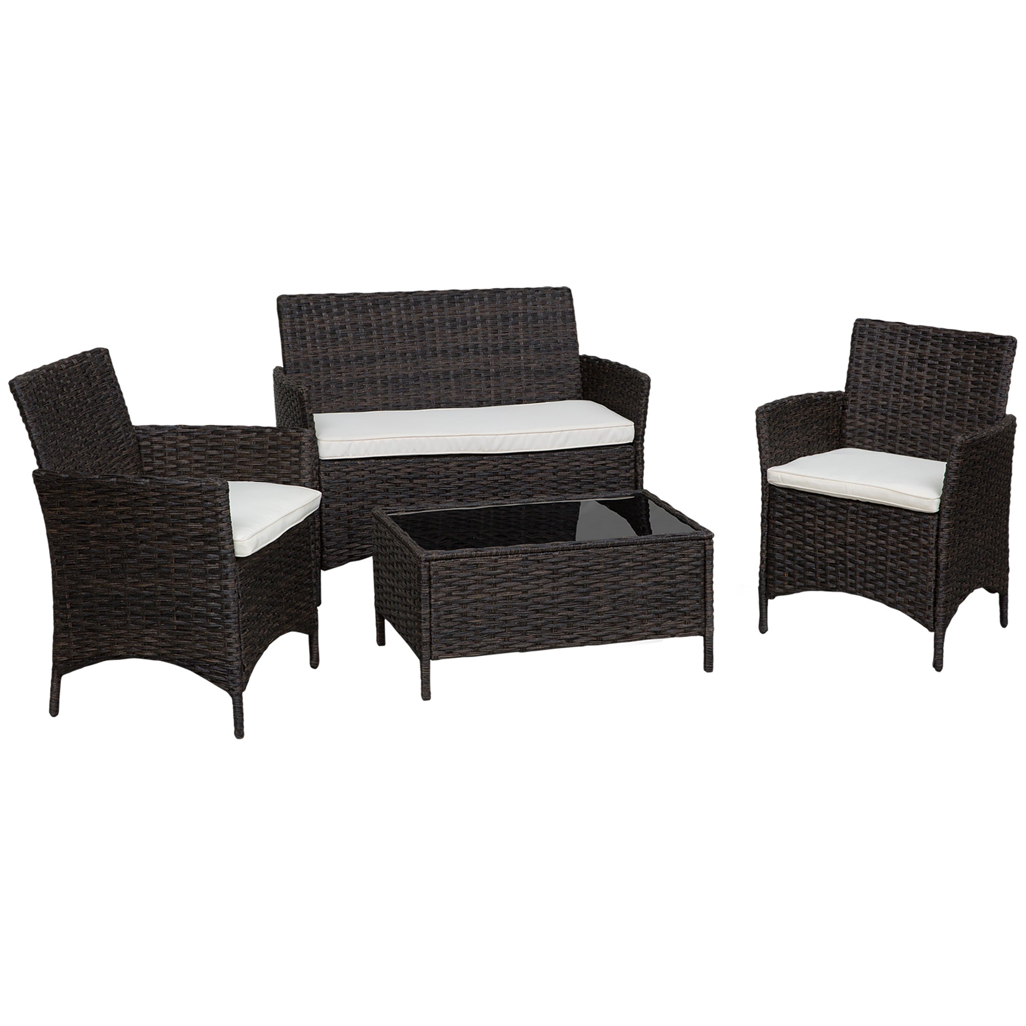 Set Salotto da Giardino in Rattan Divano 2 Poltrone e Tavolo Contenitore  Nero e Bianco