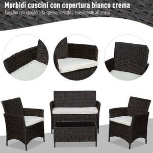 Set Salotto da Giardino in Rattan Divano 2 Poltrone e Tavolo Contenitore  Nero e Bianco