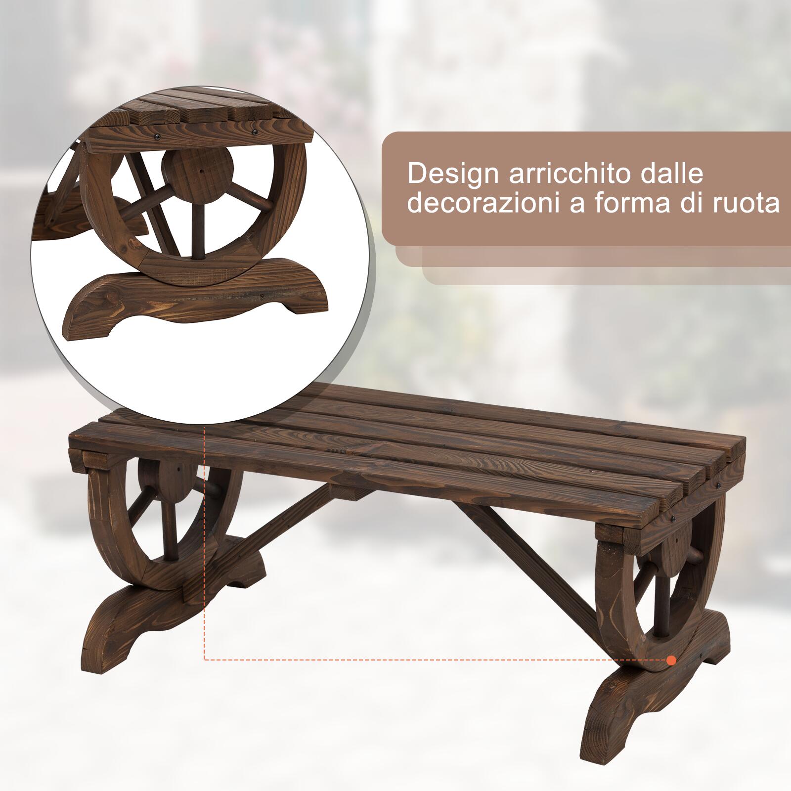 Panchina da Giardino 2 Posti 105x50x53 cm in Legno di Abete Effetto Bruciato  Design a Ruota