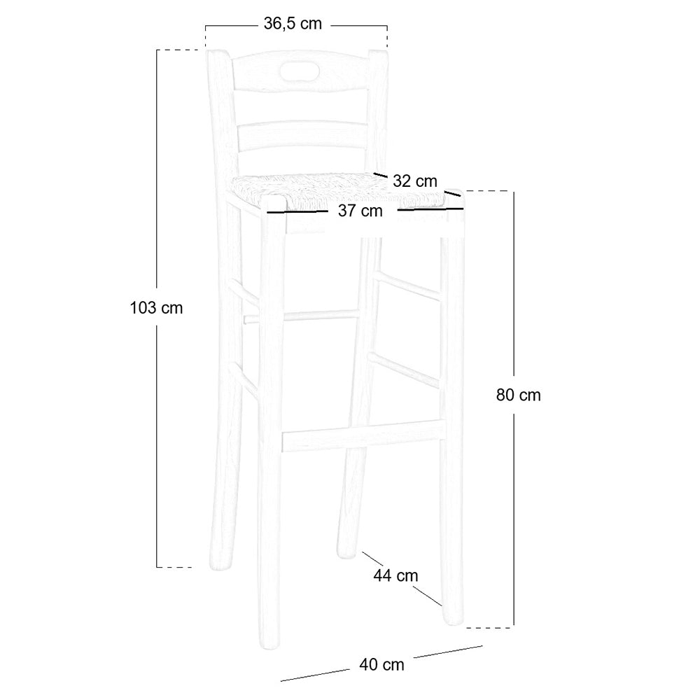 Sgabello alto da bar in legno noce scuro h 80 cm con manico e seduta in paglia