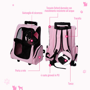 Trolley zaino 2 in 1 per piccoli animali domestici 36x30x49 cm  Rosa