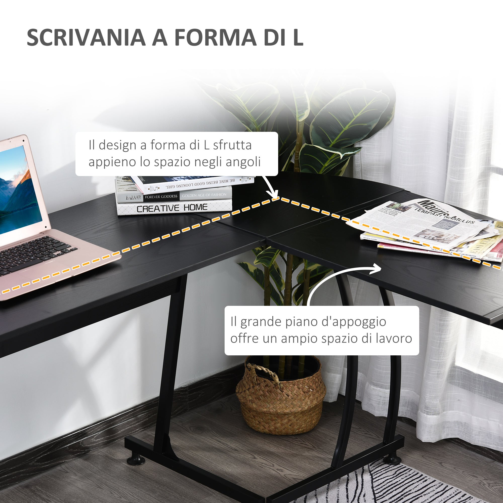 Scrivania da Ufficio ad Angolo Porta PC in Legno e Metallo 112,5x152x74 cm  Nera