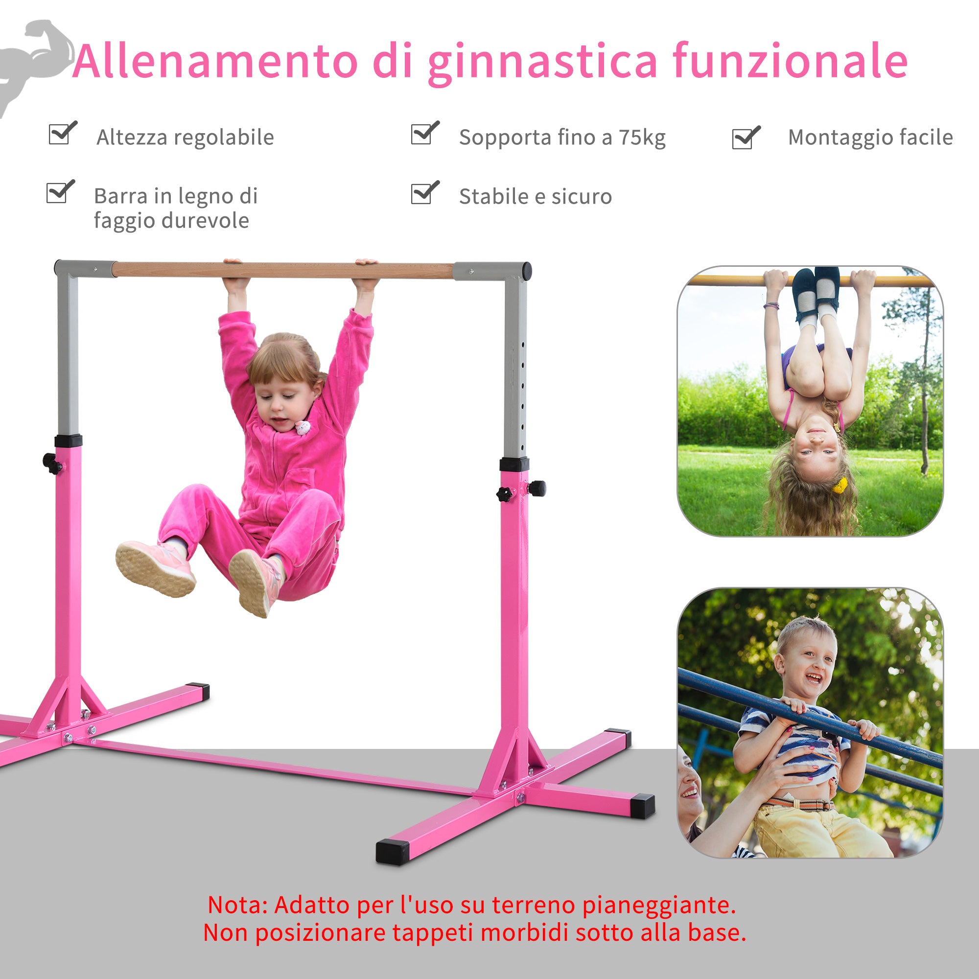 Barra Orizzontale per Ginnastica in Acciaio e Legno di Faggio   Rosa