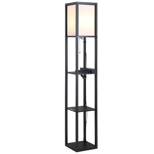 Lampada da Terra con 3 Ripiani in MDF con Paralume in Tessuto 26x26x160 cm  Nera