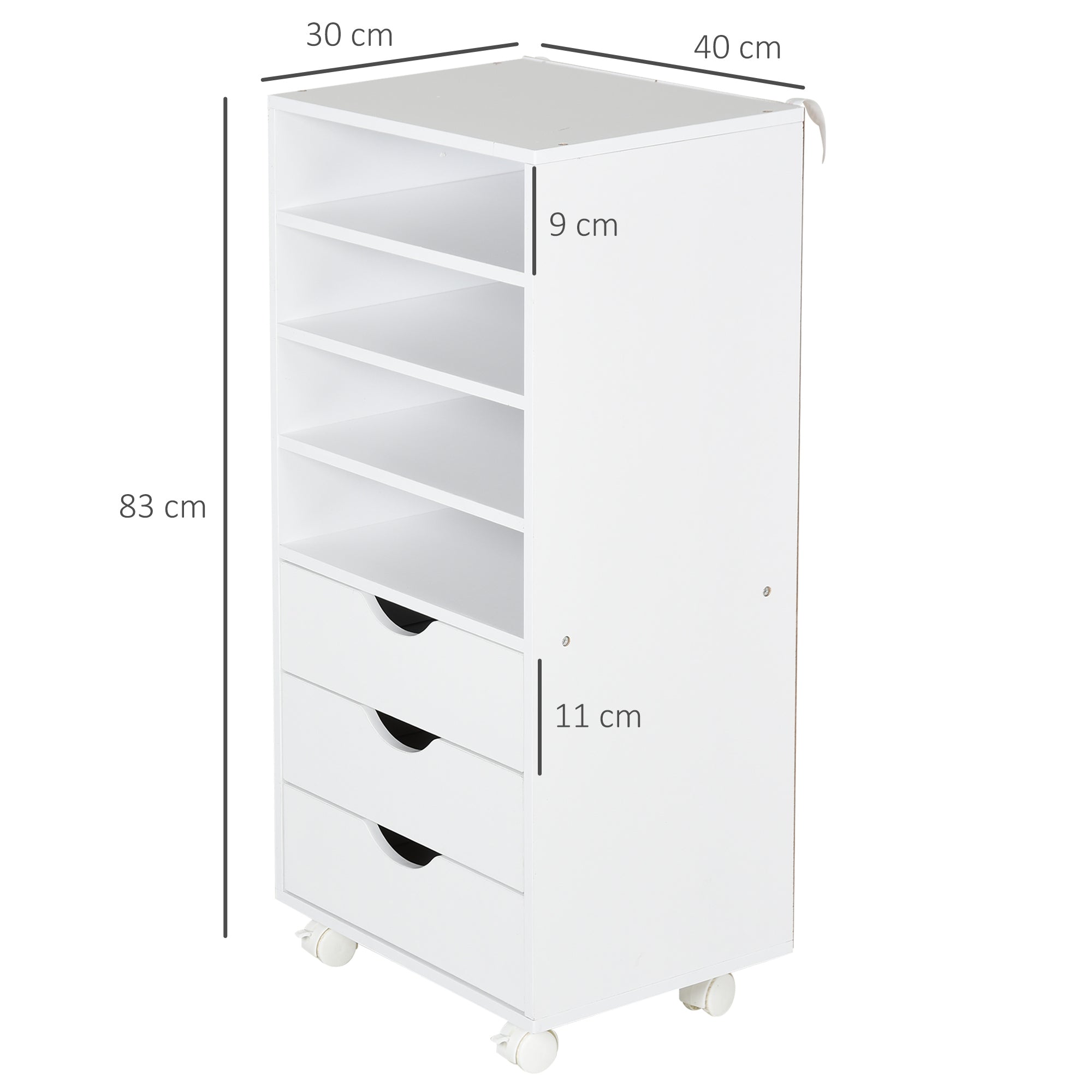 Cassettiera per Ufficio con Ruote 3 Cassetti 4 Ripiani in Legno 40x30x83 cm  Bianco