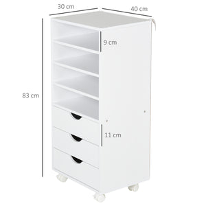 Cassettiera per Ufficio con Ruote 3 Cassetti 4 Ripiani in Legno 40x30x83 cm  Bianco