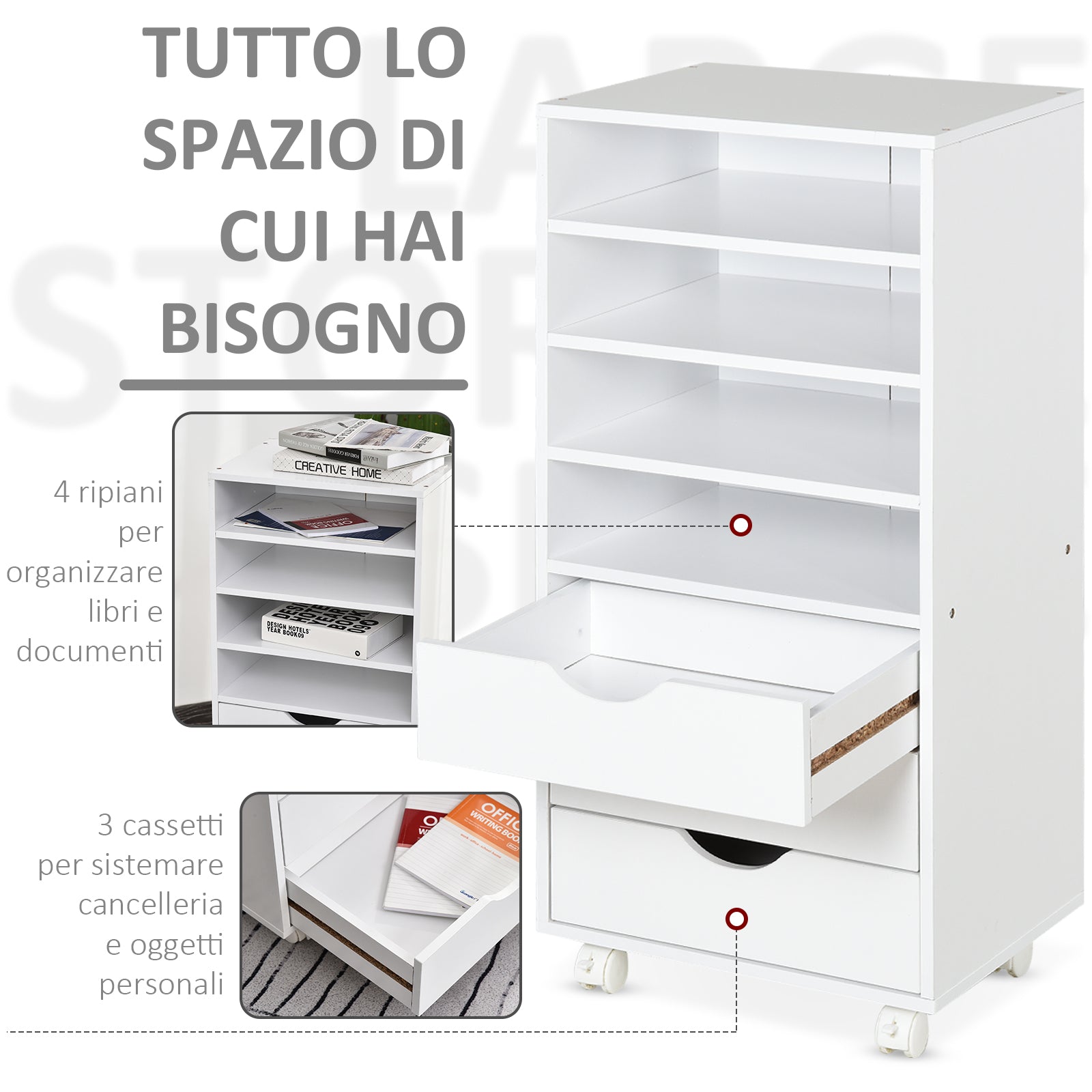 Cassettiera per Ufficio con Ruote 3 Cassetti 4 Ripiani in Legno 40x30x83 cm  Bianco