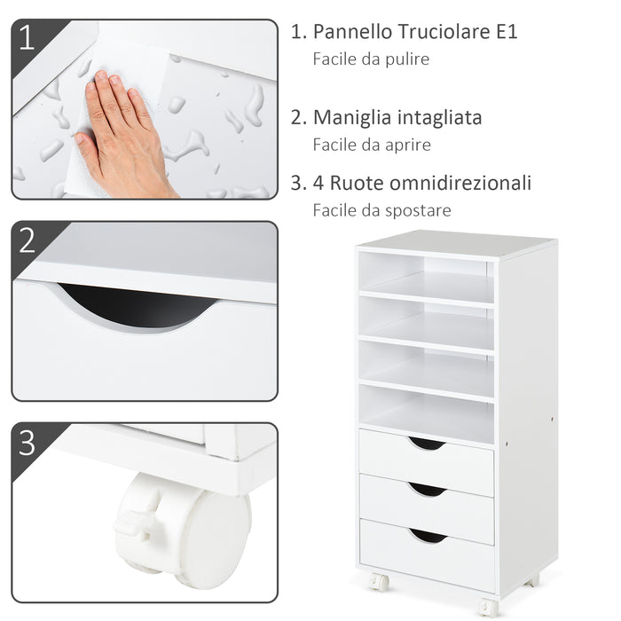 Cassettiera per Ufficio con Ruote 3 Cassetti 4 Ripiani in Legno 40x30x83 cm  Bianco