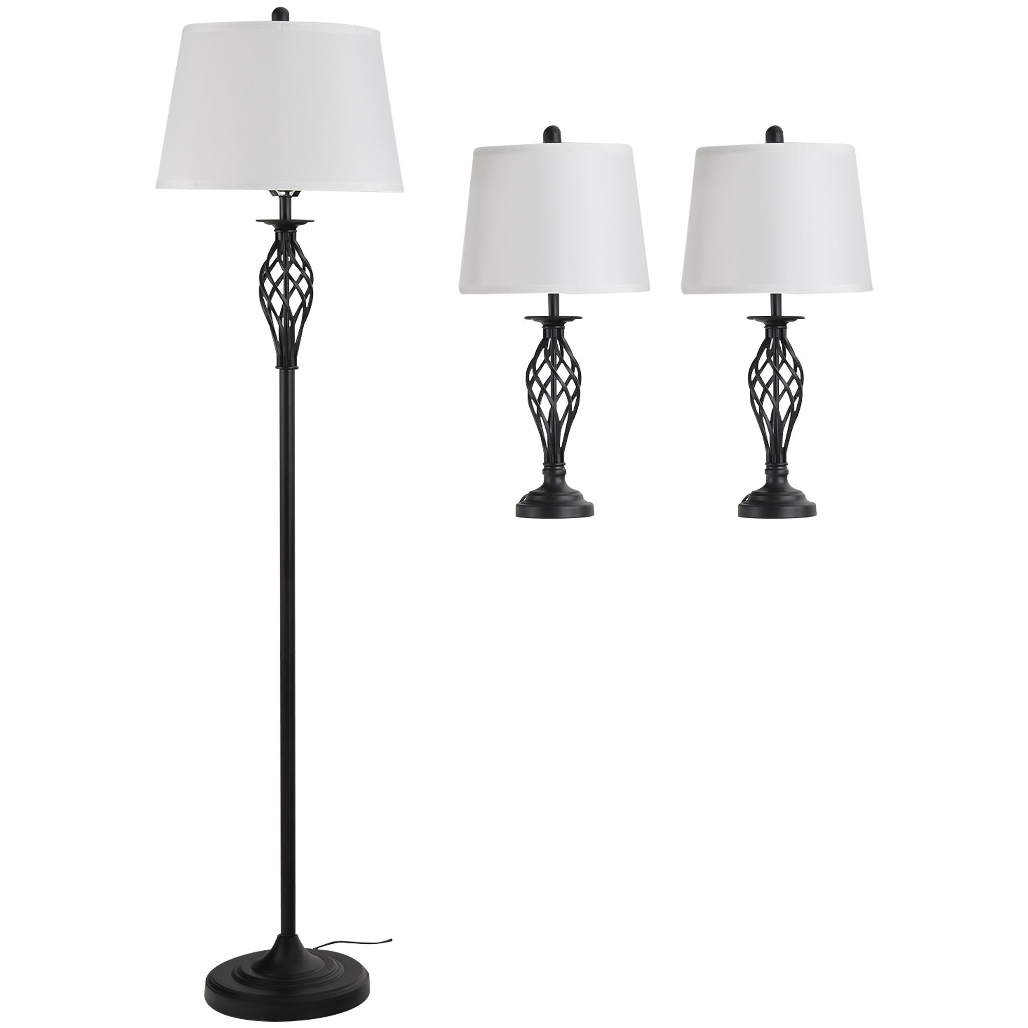 Set Lampada da Terra e 2 Lampade da Tavolo in Metallo E27   Nero e Bianco