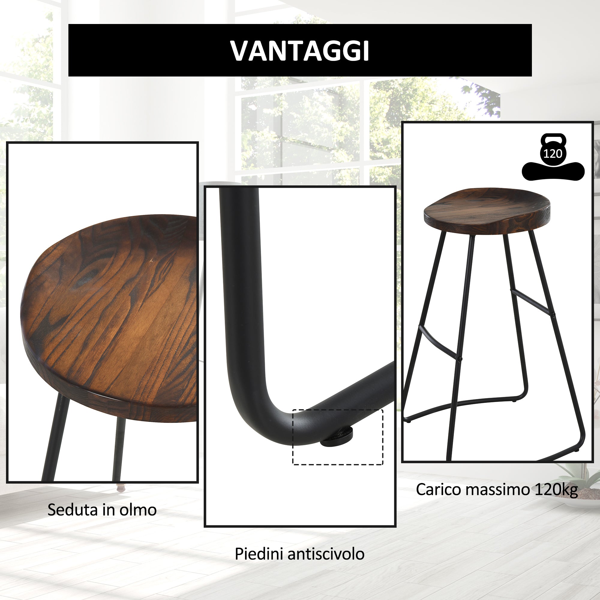 Set 2 Sgabelli da Bar Alti in Acciaio e Legno 49,5x44x71 cm  Marrone Scuro