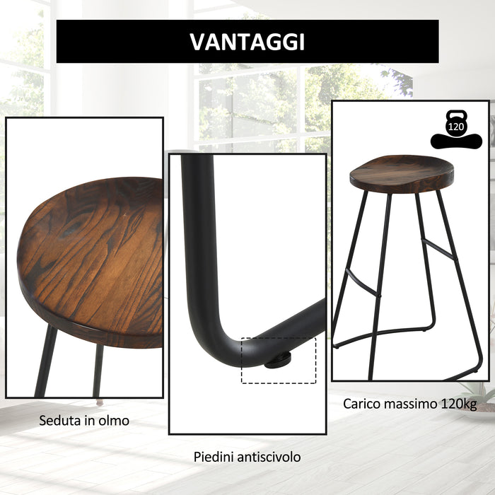 Set 2 Sgabelli da Bar Alti in Acciaio e Legno 49,5x44x71 cm  Marrone Scuro