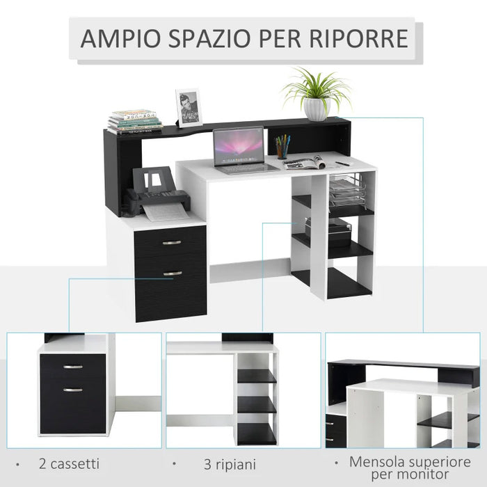 Scrivania da Ufficio Porta PC 137x55x92 cm in Legno MDF Legno Bianco e Nero