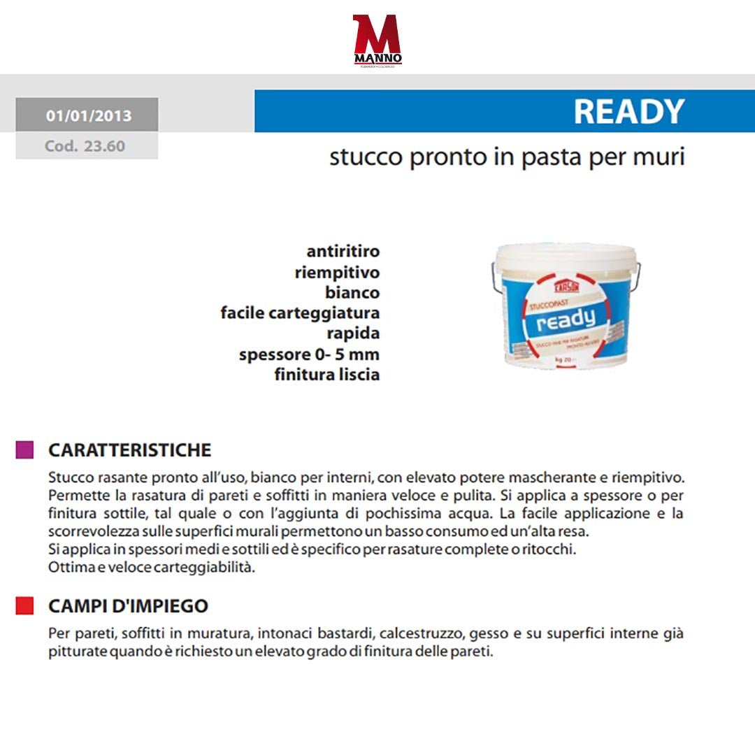 Stucco in pasta pronto per muri muro bianco Carteggiabile Rasature Carson Ready 20 Kg