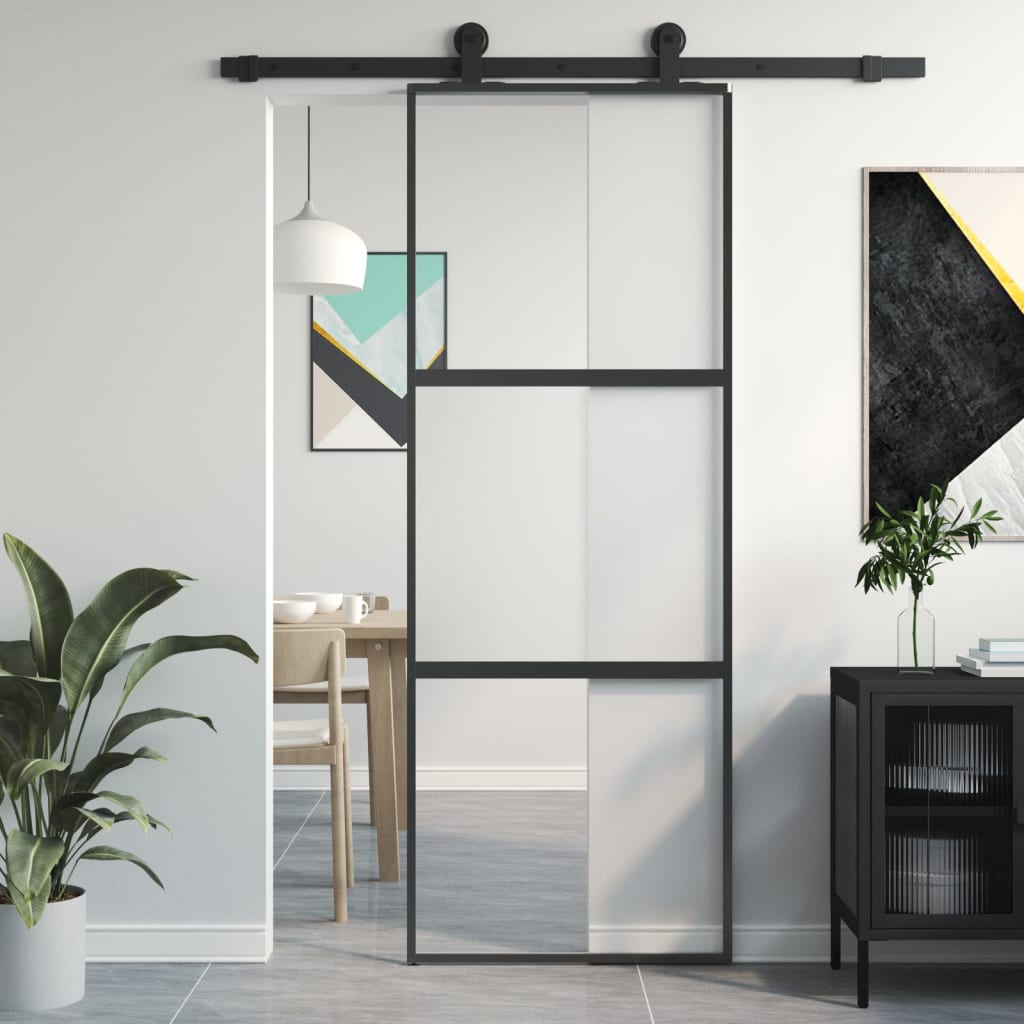 vidaXL Porta Scorrevole Nera 76x205 cm in Vetro Temperato e Alluminio