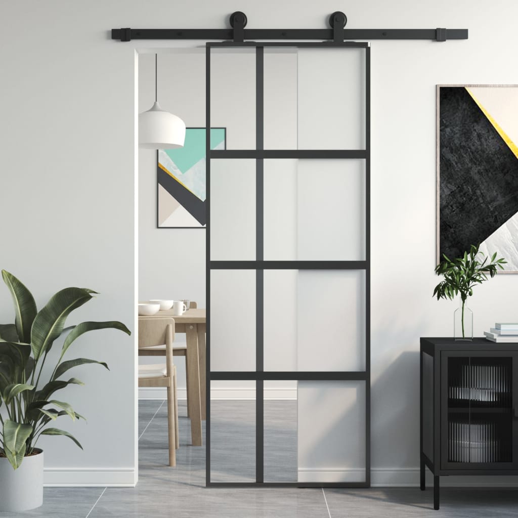 vidaXL Porta Scorrevole Nera 76x205 cm in Vetro Temperato e Alluminio