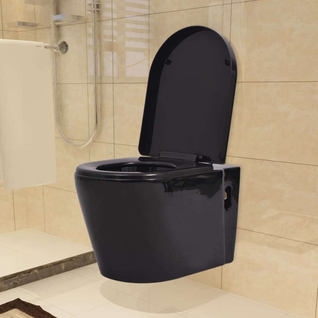 vidaXL WC a Muro con Sciacquone Nascosto in Ceramica Nera