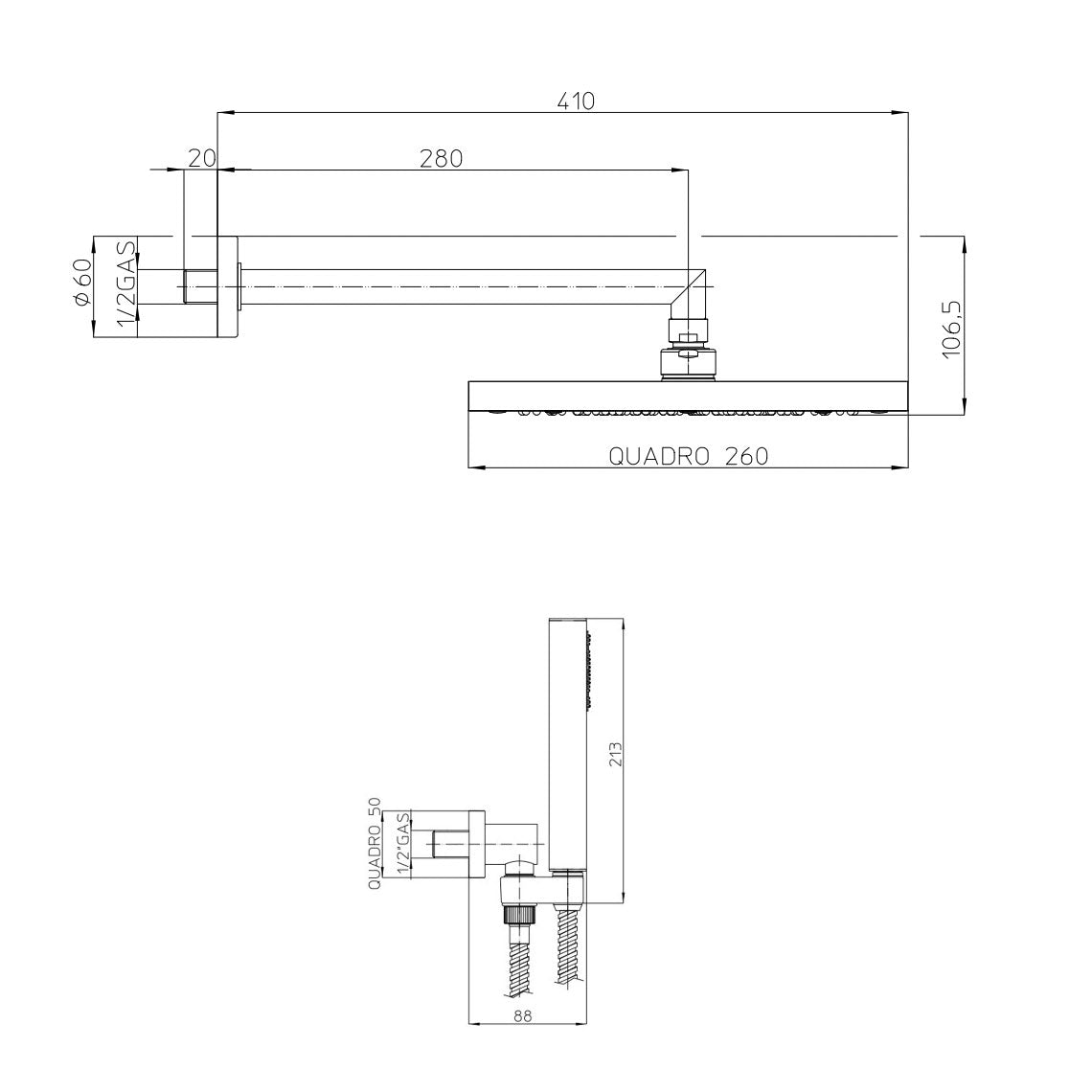 Composizione doccia Bossini con soffione quadrato 26X26, braccio doccia e kit duplex