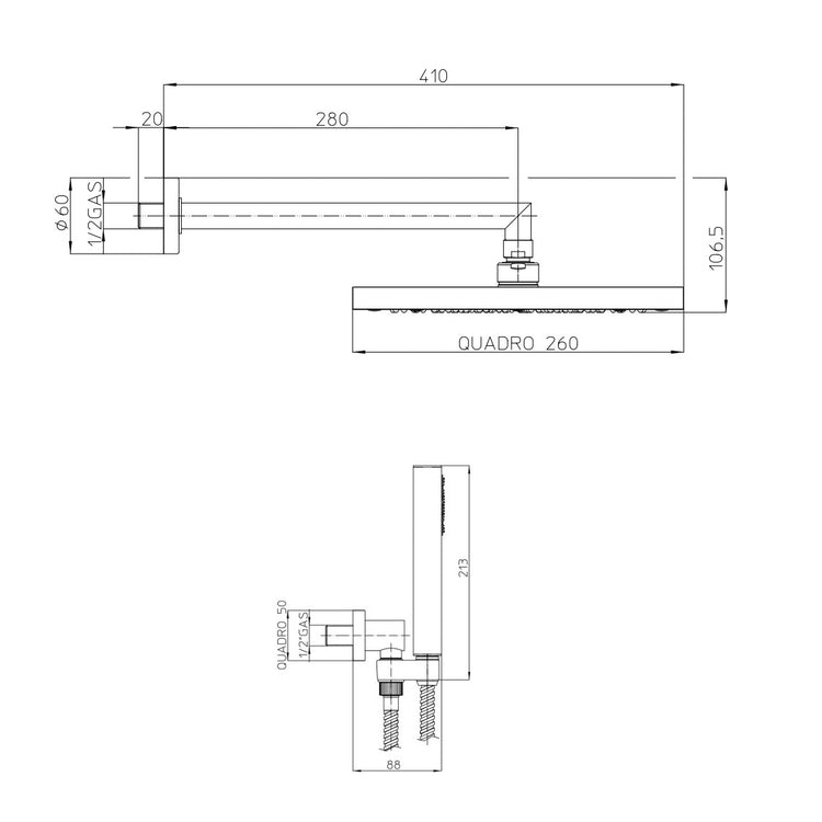 Composizione doccia Bossini con soffione quadrato 26X26, braccio doccia e kit duplex