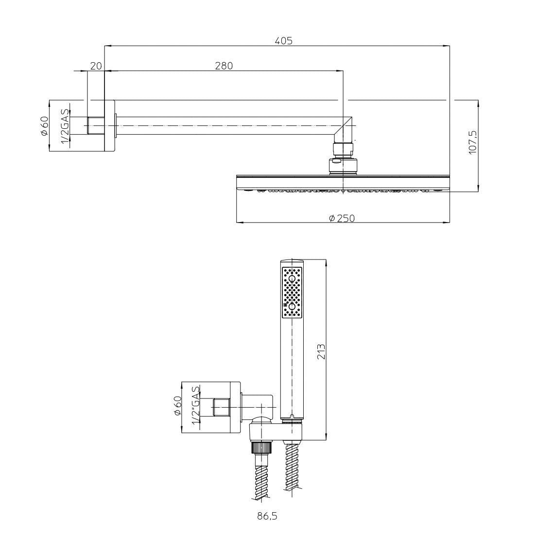 Composizione doccia Bossini con soffione tondo diametro 25 cm, braccio doccia e kit duplex