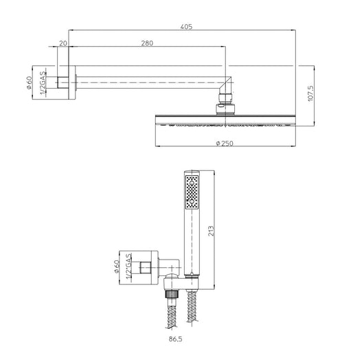 Composizione doccia Bossini con soffione tondo diametro 25 cm, braccio doccia e kit duplex