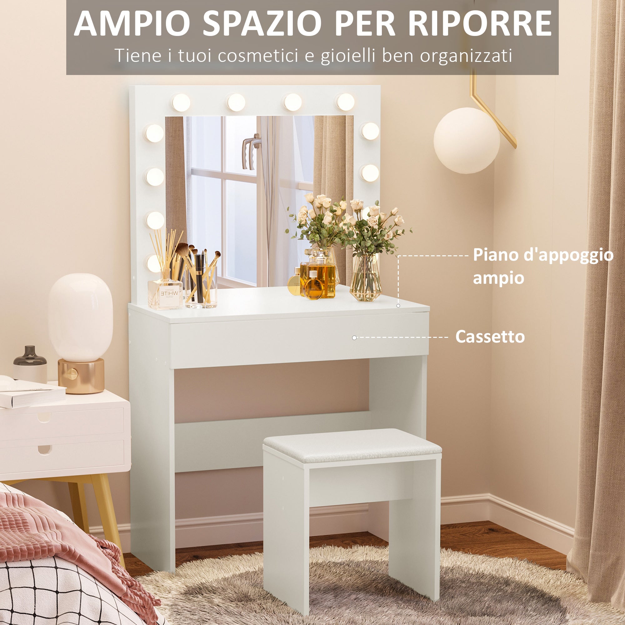 Consolle Trucco con Specchio 80x40x140 cm con Sgabello in Legno  Bianca