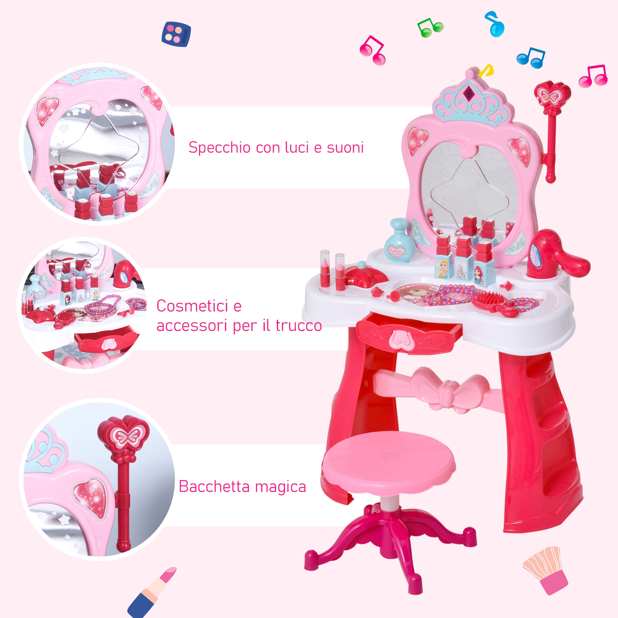 Postazione Trucco Specchiera Giocattolo per Bambini con Sgabello   Rosa e Bianco