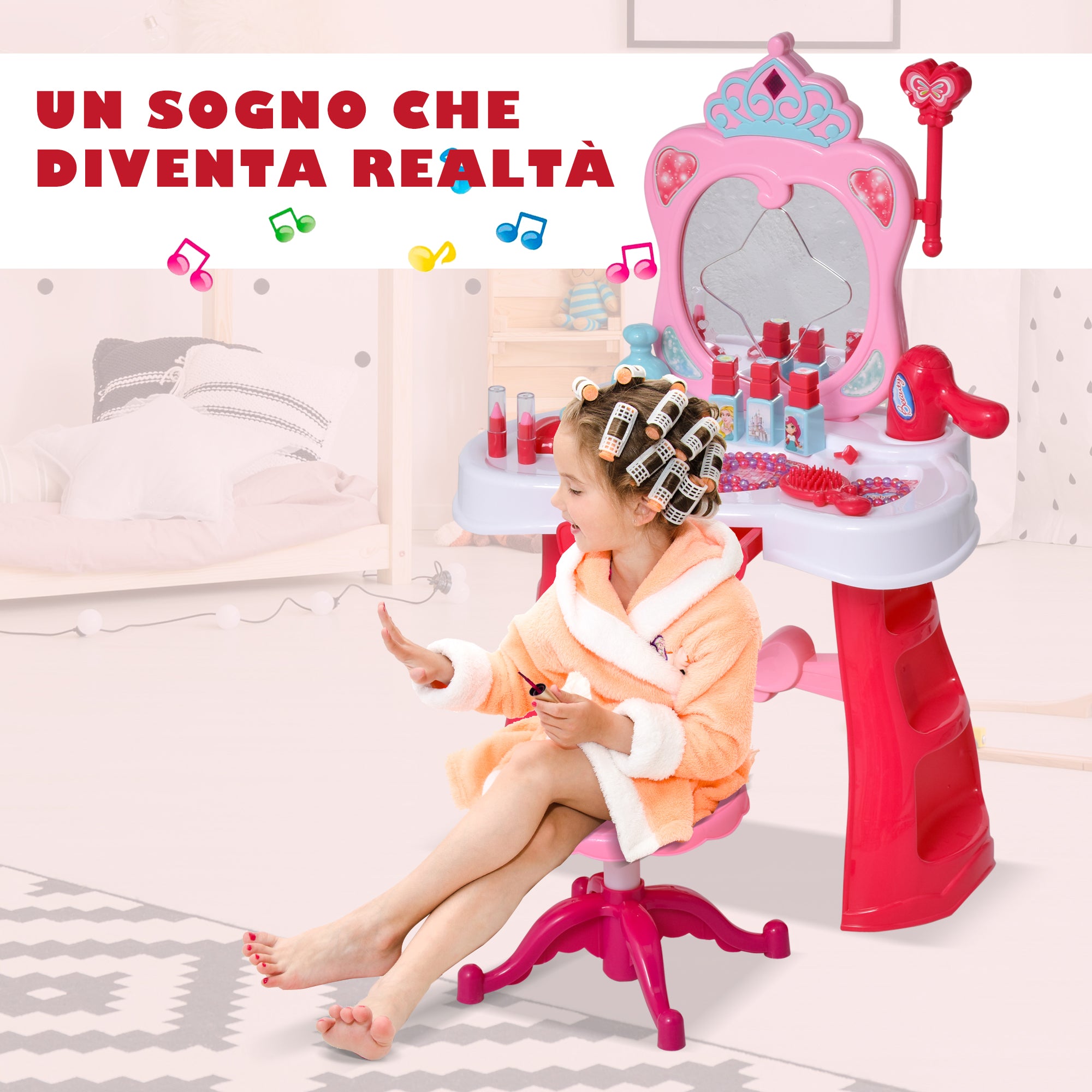 Postazione Trucco Specchiera Giocattolo per Bambini con Sgabello   Rosa e Bianco