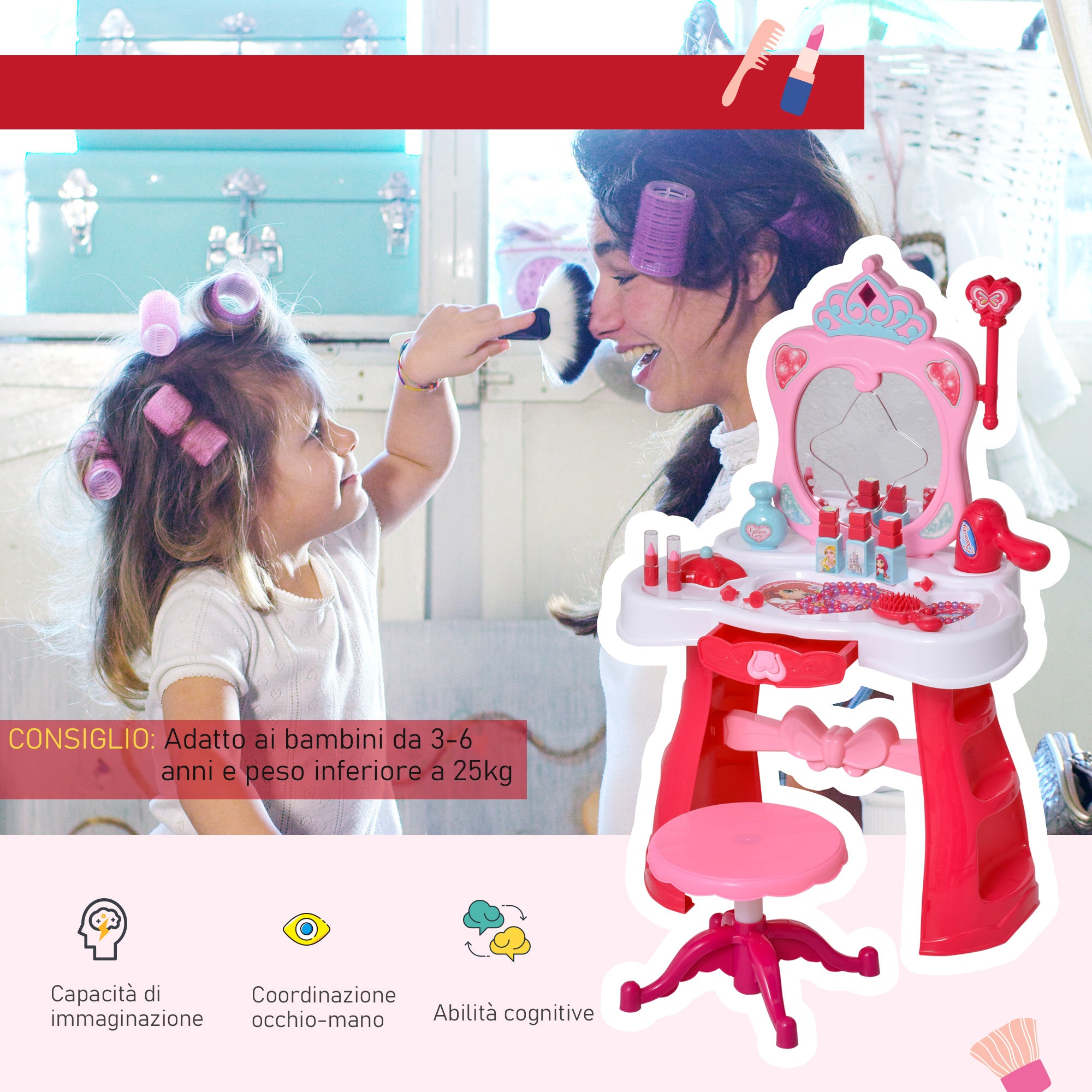 Postazione Trucco Specchiera Giocattolo per Bambini con Sgabello   Rosa e Bianco