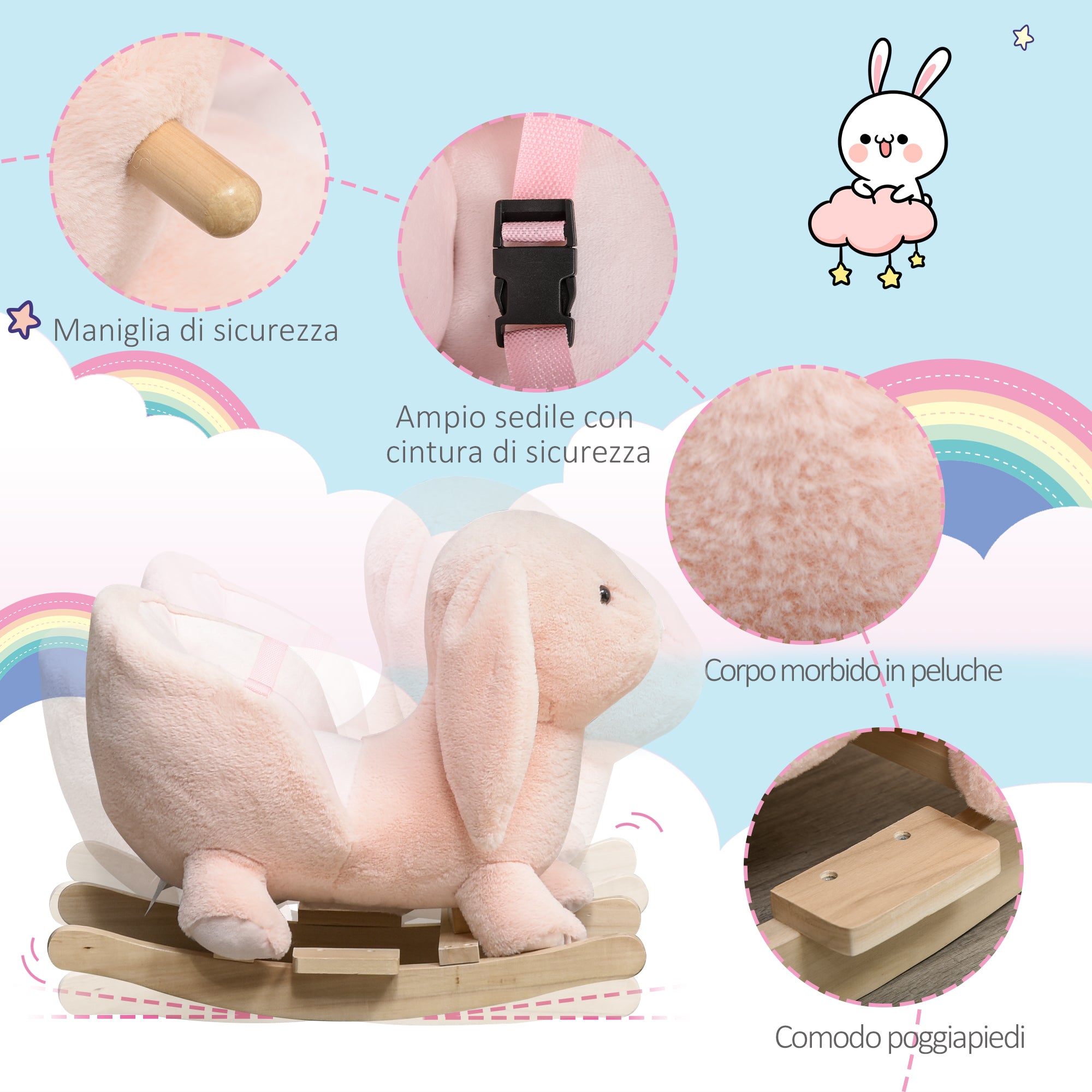 Dondolo per Bambini in Legno Coniglio in Peluche con Suoni  Rosa