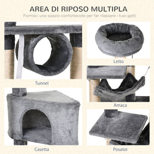 Tiragraffi con Cuccia e Cestino sospeso per Gatti 60x40x154 cm in Peluche Sisal  Grigio